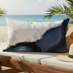 White Marble Navy Blue Agate Silver Glitter Lumbar Cushion