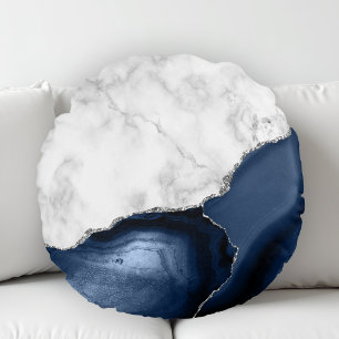 White Marble Navy Blue Agate Silver Glitter Round Cushion