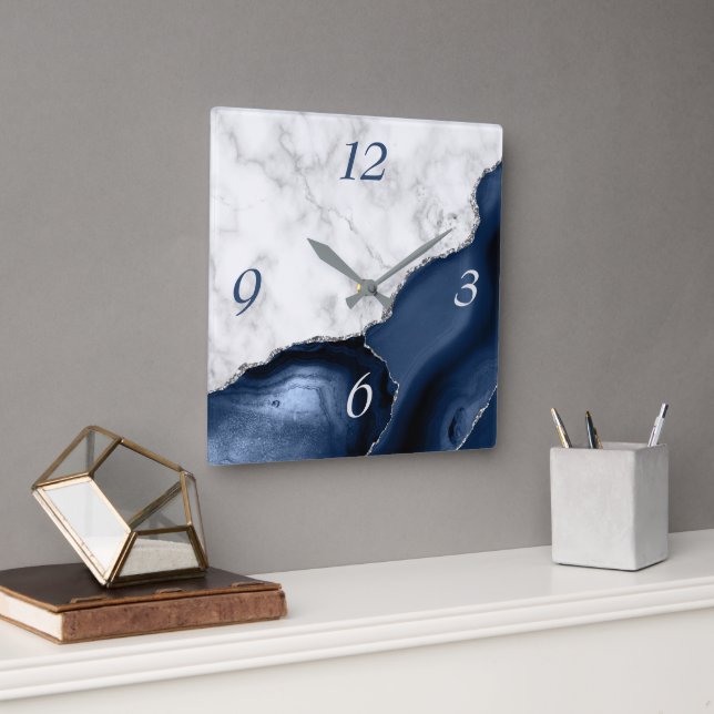 White Marble Navy Blue Agate Silver Glitter Square Wall Clock (Office)