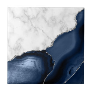 White Marble Navy Blue Agate Silver Glitter Tile