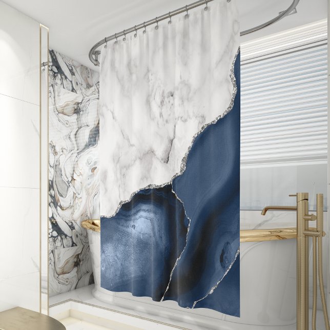 White Marble Navy Blue Silver Agate Shower Curtain (Creator Uploaded)