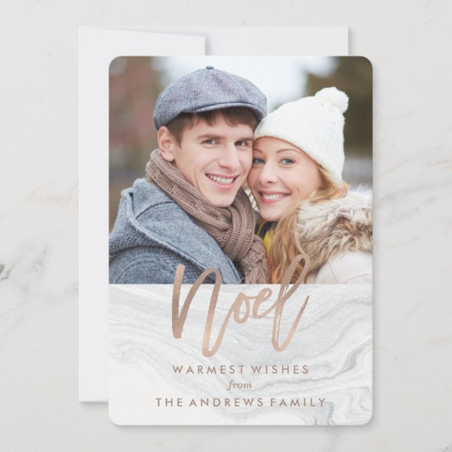 White Marble Noel Holiday Photo Card in Bronze (Front)