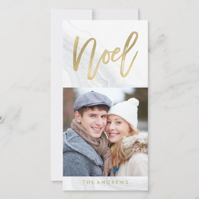 White Marble Noel | Holiday Photo Card in Gold (Front)