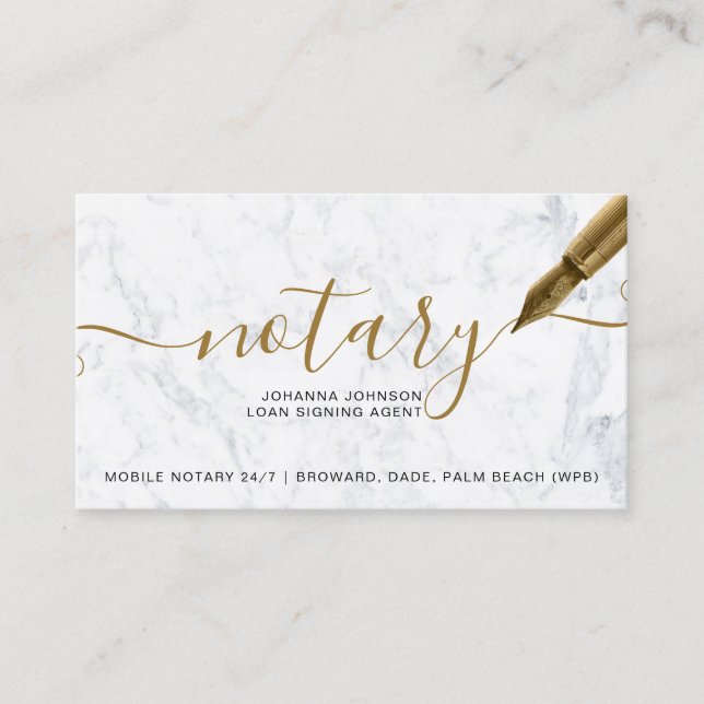 White Marble Notary loan chic gold typography Business Card (Front)