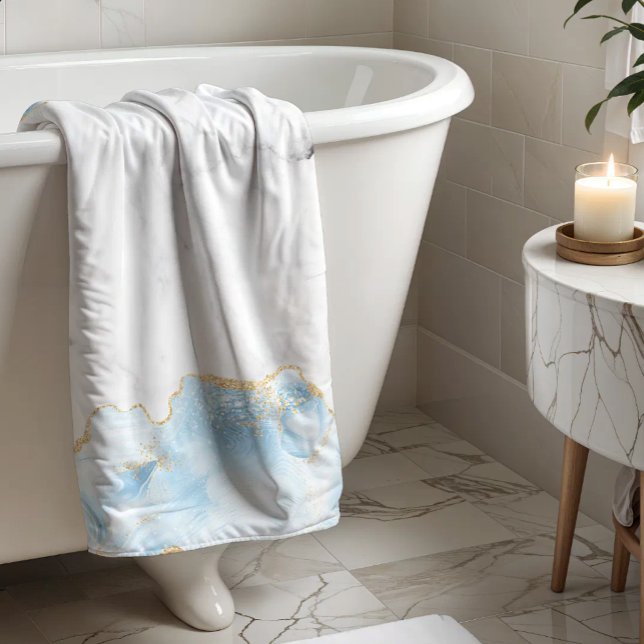 White Marble Pastel Blue Agate Gold Glitter Bath Towel (Creator Uploaded)