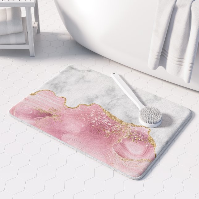 White Marble Pastel Pink Agate Gold Glitter Bath Mat (Creator Uploaded)