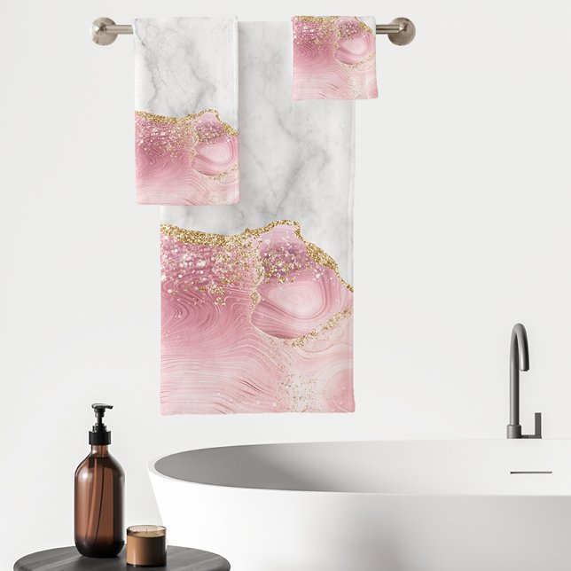 White Marble Pastel Pink Agate Gold Glitter Bath Towel Set (Creator Uploaded)