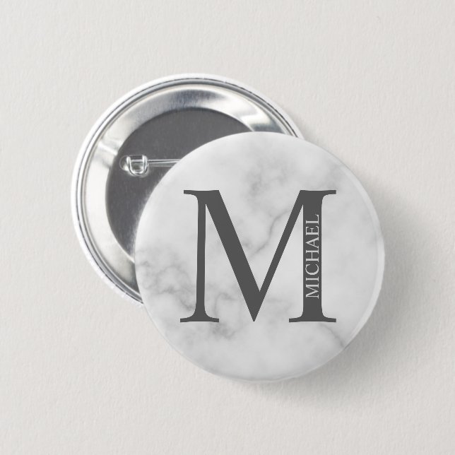White Marble Personalised Monogram and Name 6 Cm Round Badge (Front & Back)