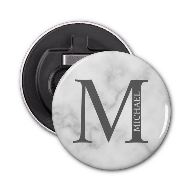 White Marble Personalised Monogram and Name Bottle Opener (Front)