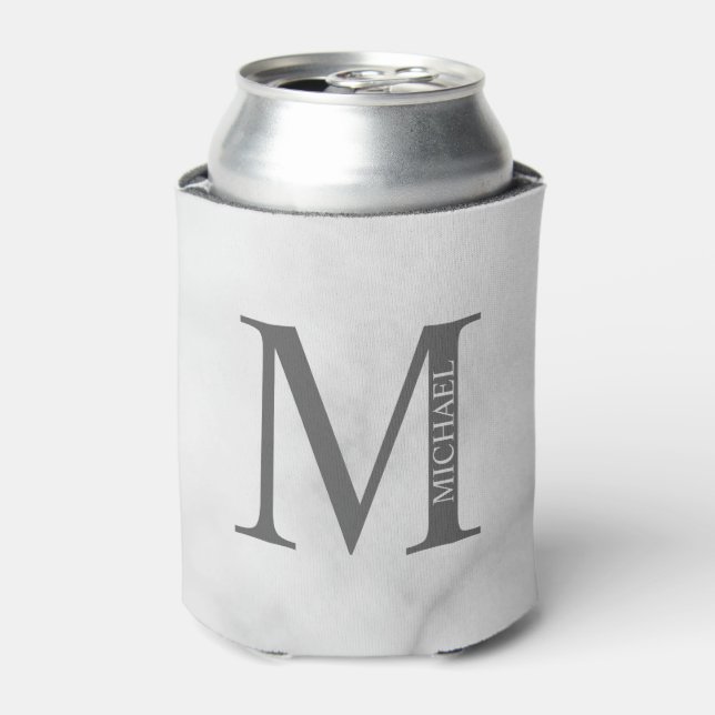 White Marble Personalised Monogram and Name Can Cooler (Can Front)