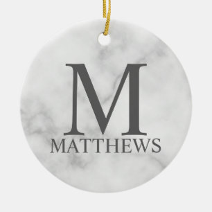 White Marble Personalised Monogram and Name Ceramic Tree Decoration