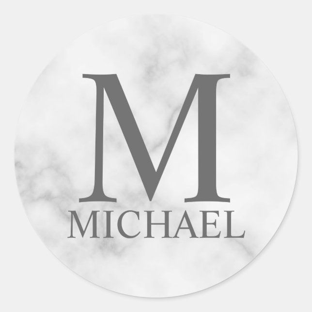 White Marble Personalised Monogram and Name Classic Round Sticker (Front)