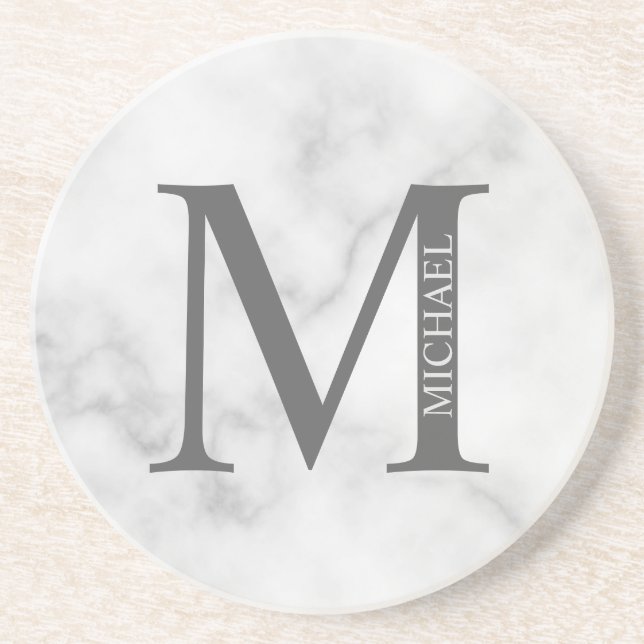 White Marble Personalised Monogram and Name Coaster (Front)