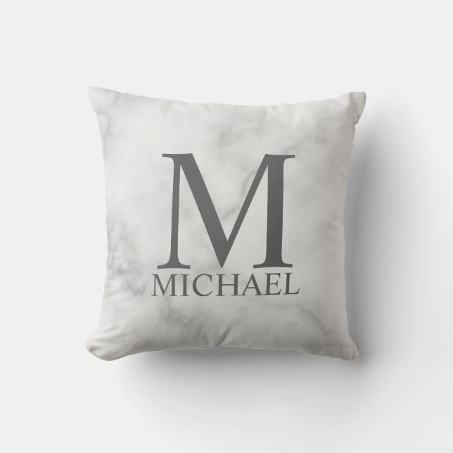 White Marble Personalised Monogram and Name  Cushion (Front)