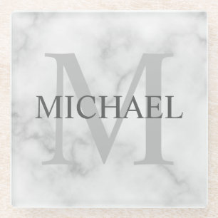 White Marble Personalised Monogram and Name Glass Coaster