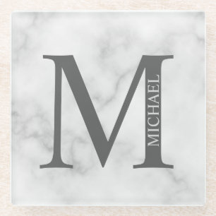 White Marble Personalised Monogram and Name Glass Coaster