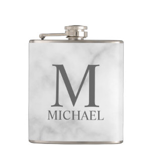 White Marble Personalised Monogram and Name  Hip Flask