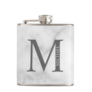 White Marble Personalised Monogram and Name  Hip Flask