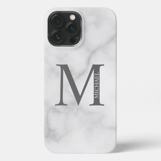 White Marble Personalised Monogram and Name iPhone Case (Back)