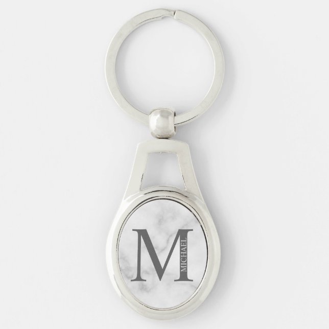 White Marble Personalised Monogram and Name Key Ring (Front)