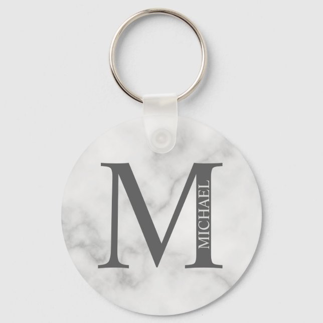 White Marble Personalised Monogram and Name Key Ring (Front)