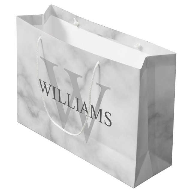 White Marble Personalised Monogram and Name Large Gift Bag (Front Angled)