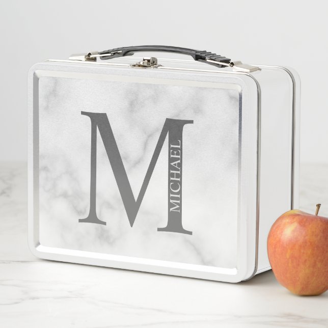 White Marble Personalised Monogram and Name  Metal Lunch Box (In Situ)