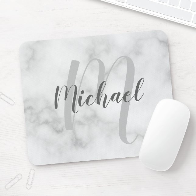 White Marble Personalised Monogram and Name Mouse Pad (Creator Uploaded)