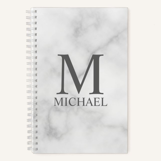 White Marble Personalised Monogram and Name Notebook (Front)