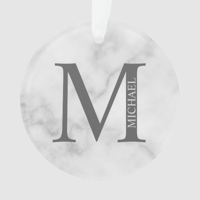 White Marble Personalised Monogram and Name Ornament (Front)