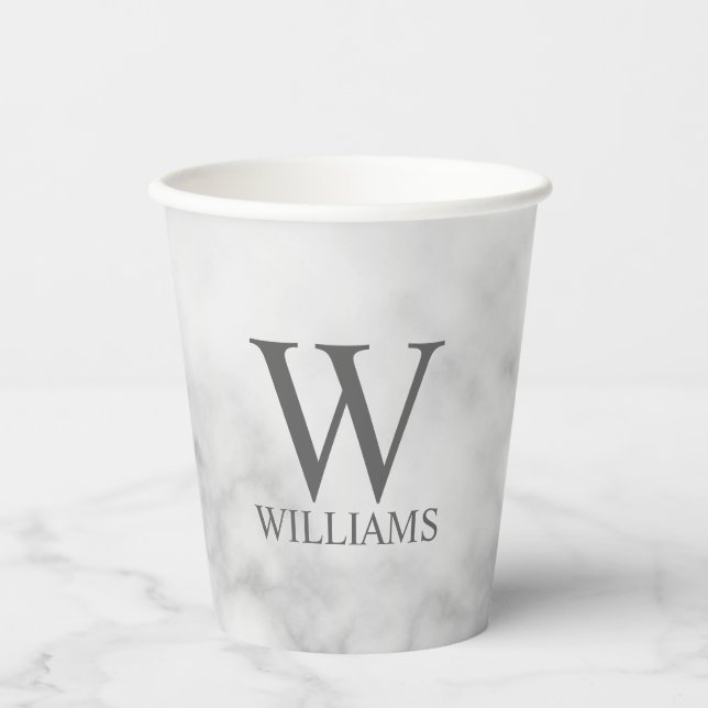 White Marble Personalised Monogram and Name Paper Cups (Front)
