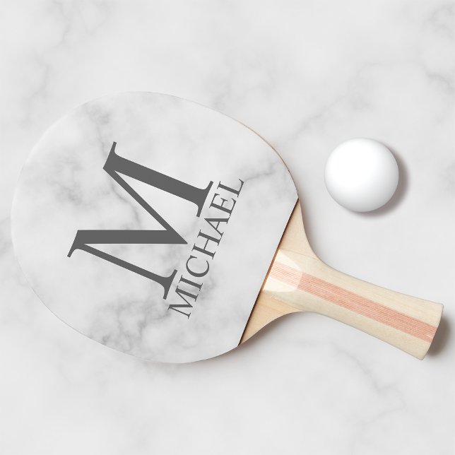 White Marble Personalised Monogram and Name Ping Pong Paddle (Creator Uploaded)