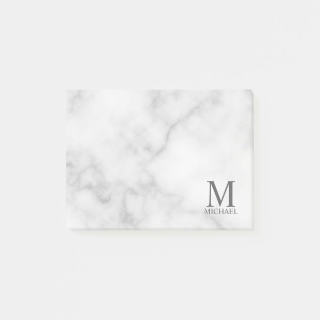 White Marble Personalised Monogram and Name Post-it Notes (Front)