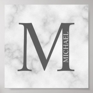 White Marble Personalised Monogram and Name Poster
