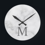 White Marble Personalised Monogram and Name Round Clock<br><div class="desc">Personalised Monogram and Name Design
features personalised monogram and name in classic serif font style.

Please note: The marble details are simulated in the artwork. No actual marble will be used in the making of this product.</div>