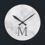 White Marble Personalised Monogram and Name Round Clock<br><div class="desc">Personalised Monogram and Name Design
features personalised monogram and name in classic serif font style.

Please note: The marble details are simulated in the artwork. No actual marble will be used in the making of this product.</div>