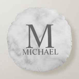 White Marble Personalised Monogram and Name Round Cushion