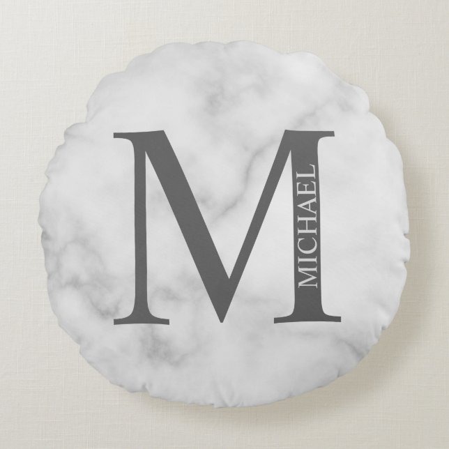 White Marble Personalised Monogram and Name Round Cushion (Front)