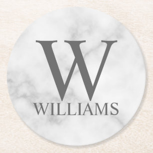 White Marble Personalised Monogram and Name Round Paper Coaster