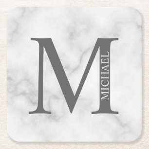 White Marble Personalised Monogram and Name Square Paper Coaster