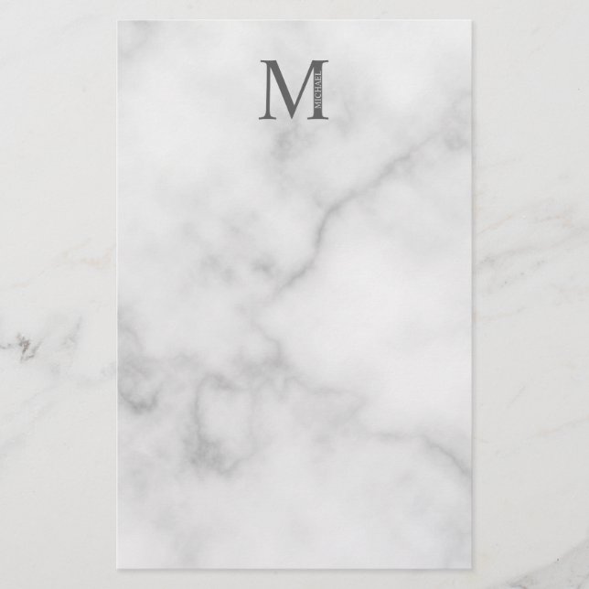 White Marble Personalised Monogram and Name Stationery (Front)