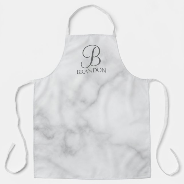 White Marble Personalised Script Monogram and Name Apron (Front)