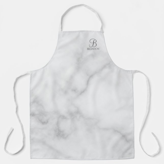 White Marble Personalised Script Monogram and Name Apron (Front)