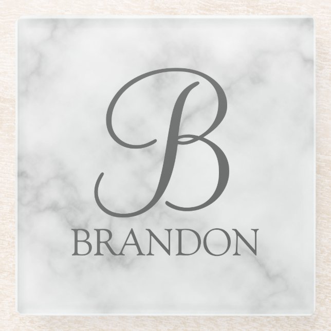 White Marble Personalised Script Monogram and Name Glass Coaster (Front)