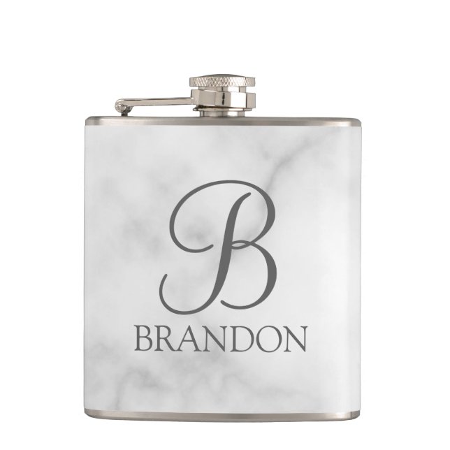 White Marble Personalised Script Monogram and Name Hip Flask (Front)