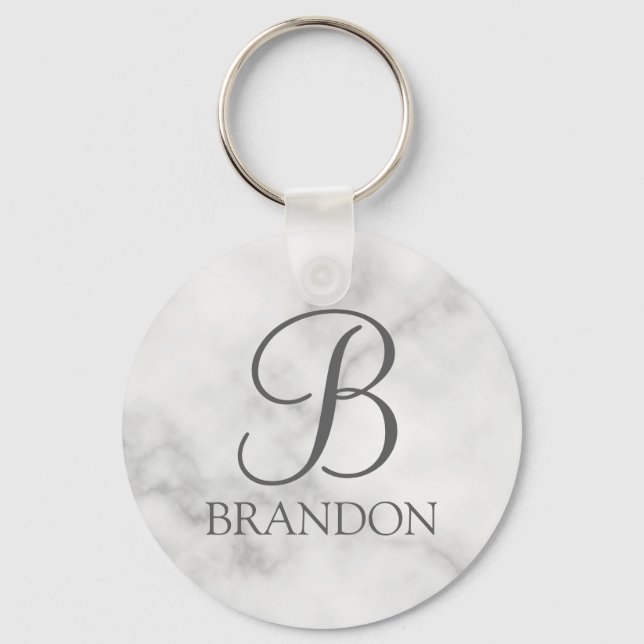 White Marble Personalised Script Monogram and Name Key Ring (Front)