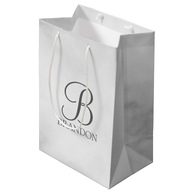 White Marble Personalised Script Monogram and Name Medium Gift Bag (Front Angled)