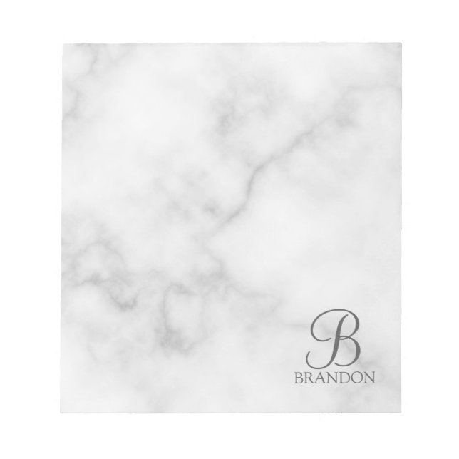 White Marble Personalised Script Monogram and Name Notepad (Front)