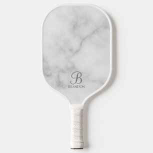 White Marble Personalised Script Monogram and Name Pickleball Paddle