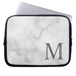 White Marble Personalized Monogram and Name Laptop Sleeve